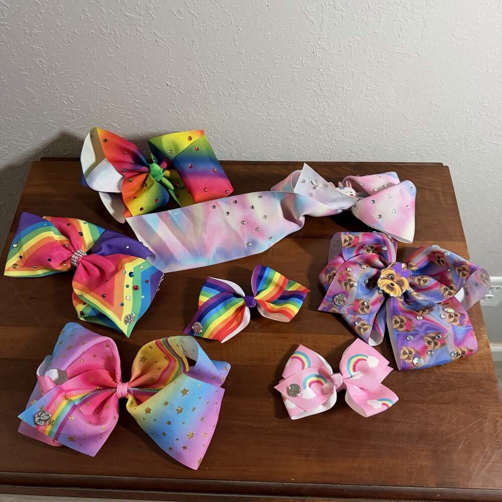Lot of 7 Jojo Siwa Rainbow Multi Color Clip In Bows 5 Large, 2 Medium Size Girly